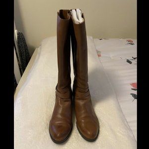 "ISAAC Mizrahi LIVE" Cognac Leather Buckled Zipper Riding Boots Womens 9M